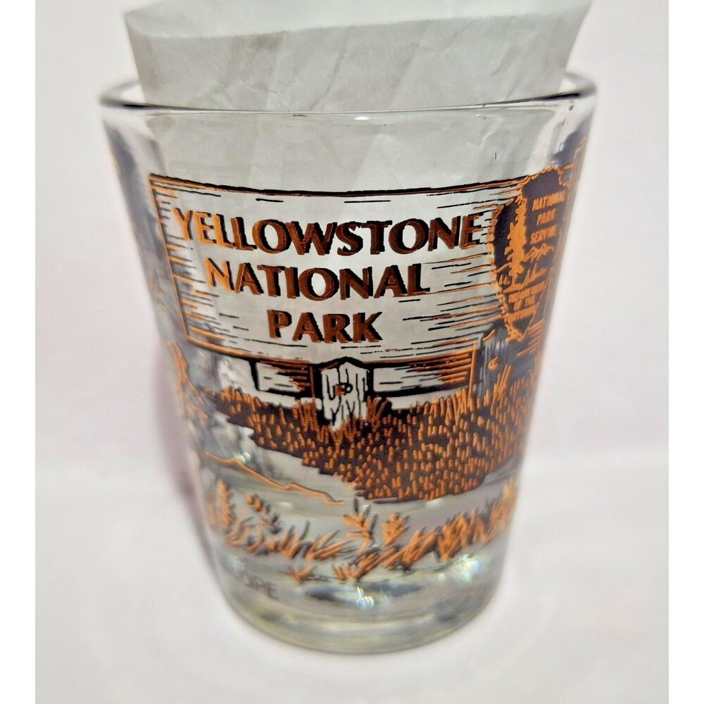 Yellowstone National Park Souvenir Shot Glass Black & 22K Gold Old Faithful NPS